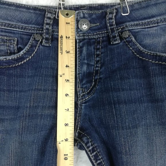 Silver Womens Jeans Suki Surplus Boot Cut Denim Blue Flap Pocket‎ Dark Short 28S - Picture 7 of 12